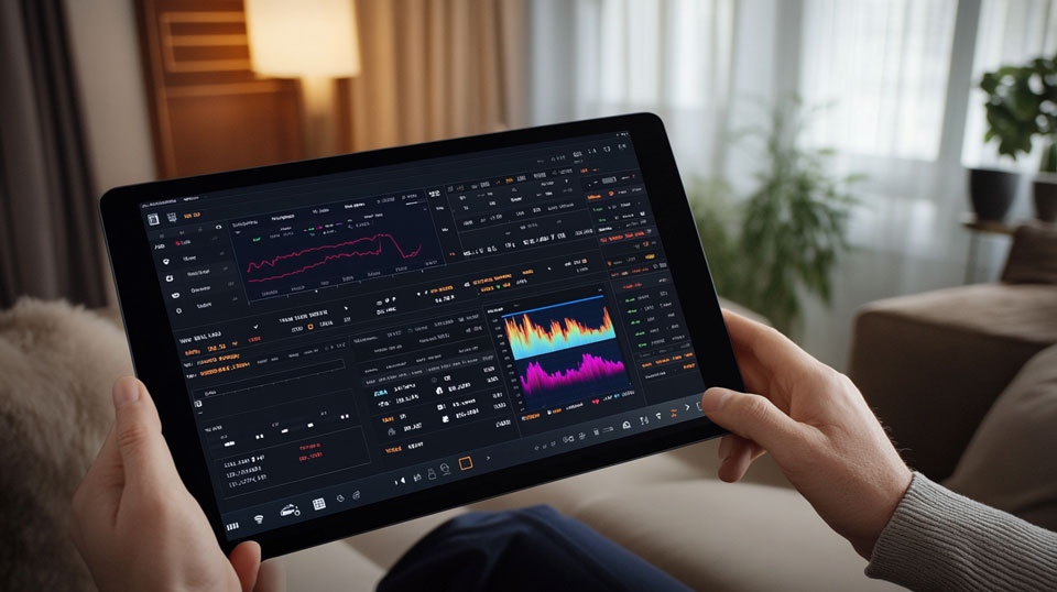 Tablet screen with trading dashboard